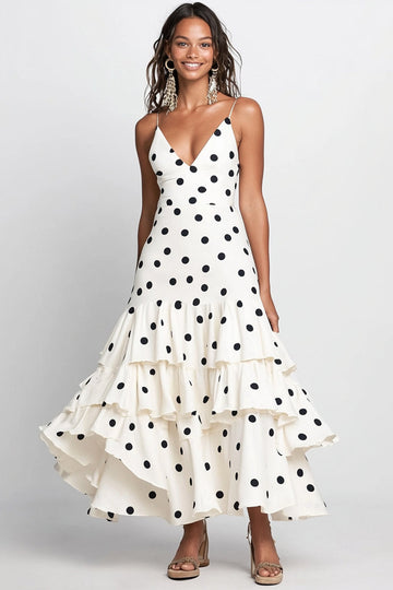 White Black Dot Ruffled A Line Wedding Guest Dress